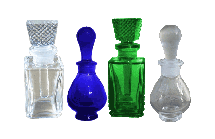 Blue, Green and Clear Glass Perfume and Essential oil Bottles with Glass Stoppers